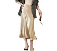 JACTZ Gonna Donna Donne Seta Raso Gonna Estate Elegante Gonne Lunghe Vita Alta A-Line Bella Gril Midi Gonna-Beige Gold,S