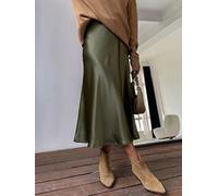 JACTZ Gonna Donna Donne Seta Raso Gonna Estate Elegante Gonne Lunghe Vita Alta A-Line Bella Gril Midi Gonna-Olive Green,S