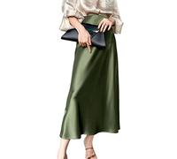 JACTZ Gonna Donna Donne Elegante Raso di Seta Midi Gonna di qualità A Vita Alta Gonne Lunghe per Le Donne Wrap A Line Gonna Maxi-Olive Green,S