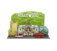 Nano Hollywood Rides Walk of Fame Diorama w/Hollywood Sign e 2 veicoli (Bus Tour a due piani e Cadillac 1958 Series 62 Cabrio), giocattoli per bambini e adulti