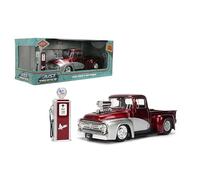 Jada Toys Just Trucks 1:24 1956 Ford F-100 auto e pompa di gas pressofusa - porte apribili, cofano, bagagliaio, pneumatici in gomma (rosso caramella/argento)