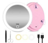 JADAZROR Espejo de aumento 10X con luces, Espejo de maquillaje recargable de 15 cm con aumento 10X, 3 luces de colores y ventosas para trabajos de precisión. Incluye pinzas y tijeras