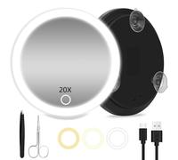 JADAZROR Espejo de aumento 20X con luces, Espejo de maquillaje recargable de 15 cm con aumento 20X, 3 luces de colores y ventosas para trabajos de precisión. Incluye pinzas y tijeras