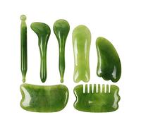 Jade - Set di attrezzi per massaggi a raschietto, 7 pezzi, in resina naturale, per viso, schiena e collo, massaggio rilassante, riduce i muscoli (verde) preservativi (verde, taglia unica)
