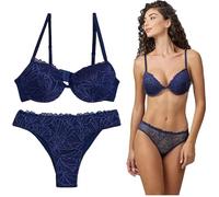 JADEA Coordinato Intimo Donna Completo Reggiseno Push-up e Brasiliano 4677 (Blu, 2/S/42)