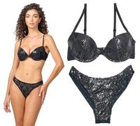 JADEA Galà Coordinato Ragazza Completo Intimo Donna Push-up e Brasiliana con Paillettes 4693 (Nero, 3/M)