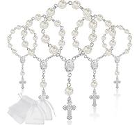 Jadive 30 Pezzi di Mini Rosari per Battesimo con Perline in Acrilico Colore Avorio Rosario Placcato con Perle Finte e Sacchetti di Organza per Ricordo di Battesimo Matrimoni e Bomboniere (Argento)