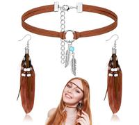 Jadive Orecchini di Piume con Perle set Gioielli Indiani Girocollo in Pelle Retrò Bohémien Steampunk da Donna(Marrone)
