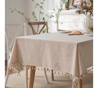 JaeMoose Tovaglia lavabile, in cotone e lino, con pompon, resistente alla polvere, per cucina, sala da pranzo, decorazione per la casa, uso quotidiano (lino, 140 x 180 cm)
