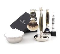 Jag Shaving Kit da barba - Set da barba - 5 pezzi - gamma Jag's Lee - 5 lame da barba rasoio da barba - pennello da barba Silvertip Badger - elegante supporto da barba - imitazione corno verde