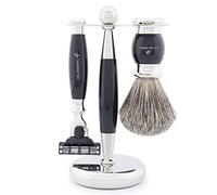 Jag Shaving - Set da barba da 3 pezzi con pennello da barba, 3 lamette da rasoio, pennello da barba super per capelli di tasso - supporto per rasatura - set da barba nero come set regalo