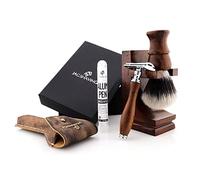 Jag Shaving Set da barba - Set di 4 pezzi in legno - Pennello sintetico argento - lama doppio bordo - supporto per rasoio - Custodia in pelle per rasoio