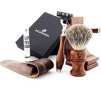 Jag Shaving Set da barba - Set di 4 pezzi in legno - Super pennello da barba - 3 lame rasoio - supporto - custodia in pelle per rasoio