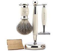 Jag Shaving Set di 3 pennelli da barba, spazzola professionale in acciaio inox supporto e rasoio manuale rasoio aperto set completo da uomo