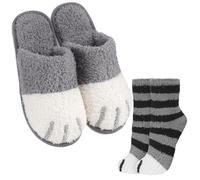 JaGely 2 paia di pantofole per San Valentino con zampa di gatto e calzini a righe pelose per donne e uomini carino peluche piedi pantofole calzini regali, Grigio, 9-10