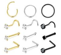 jagosen piercing naso acciaio chirurgico Anello Stud 18g 20g 12pcs Nero Argento nostril piercing septum orecchini naso7/8/9mm Ipoallergenico Diamante Lip Ring L Naso Studs Septum Tragus Piercing