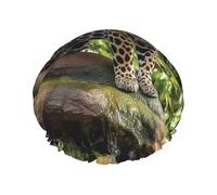 Jaguar - Cuffia da doccia a cascata con gatto sul tronco d'albero, da donna, riutilizzabile, a doppio strato, con fascia elastica impermeabile, per spa e salone di bellezza