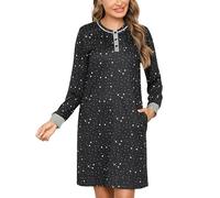 Jahetuul Camicia da Notte a Maniche Lunghe con Tasche e Bottoni - Vestaglia Aperta Davanti con Motivo a Stella - Abito da Notte Donna in Cotone Leggero e Confortevole