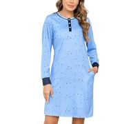Jahetuul Camicia da Notte a Maniche Lunghe con Tasche e Bottoni - Vestaglia Aperta Davanti con Motivo a Stella - Abito da Notte Donna in Cotone Leggero e Confortevole