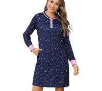 Jahetuul Camicia da Notte a Maniche Lunghe con Tasche e Bottoni - Vestaglia Aperta Davanti con Motivo a Stella - Abito da Notte Donna in Cotone Leggero e Confortevole