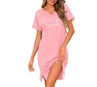 Jahetuul Camicia da Notte Donna Cotone a Maniche Corta Estiva Scollo a V Confortevole Abito da Notte con Stampa e Spacco Laterale sull'Orlo