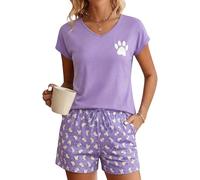Jahetuul Pigiama Donna Corto Estivo Cotone Pigiami Due Pezzi Manica Corta e Pantaloncini con Stampa Casual da Casa con Tasche