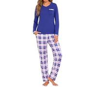 Jahetuul Pigiama Donna Cotone Lungo Set di Pigiami da Donna Invernale Caldo Maglietta Scollo a V e Pantaloni Lunghi a Quadri con Tasca Casual per la Casa