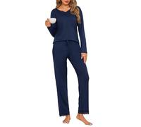 Jahetuul Pigiama Donna Manica Lunga Set di Pigiami da Donna Cotone Invernale Maglietta Scollo a V e Pantaloni Lunghi in Pizzo con Tasca Due Pezzi