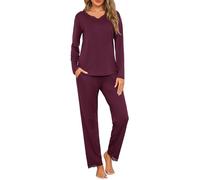 Jahetuul Pigiama Donna Manica Lunga Set di Pigiami da Donna Cotone Invernale Maglietta Scollo a V e Pantaloni Lunghi in Pizzo con Tasca Due Pezzi