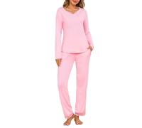 Jahetuul Pigiama Donna Manica Lunga Set di Pigiami da Donna Cotone Invernale Maglietta Scollo a V e Pantaloni Lunghi in Pizzo con Tasca Due Pezzi