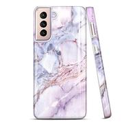 JAHOLAN Custodia per Samsung Galaxy S21 5G da 6,2 pollici, design marmorizzato con glitter e glitter trasparente, in gomma morbida in poliuretano termoplastico, colore: viola e rosa