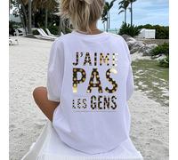 J'AIME PAS LES GENS T-shirt bianca a maniche corte da donna, un capo essenziale per l'estate, casual e da spiaggia, morbida e comoda per tutti i giorni, con un design a stampa leopardata per mostrare