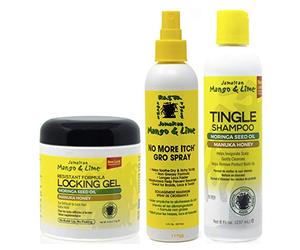 Jamacican Mango & Lime Locking Gel 6oz con No Itch Grow Spray 8oz e Shampoo Tingle 8oz