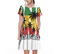 Jamaica - Abito casual a maniche corte con stampa di palme per l'estate e l'autunno, abito girocollo con tasche, Nero, L