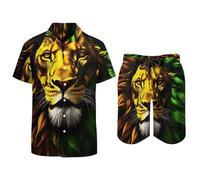 Jamaica Reggae Lion - Completo da spiaggia hawaiano a maniche corte e pantaloncini, set da vacanza, Stile:, S