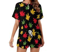 Jamaican Weed Leaves Print Set pigiama da donna camicia a maniche corte e pantaloncini 2 pezzi loungewear indumenti da notte, Stile:, S