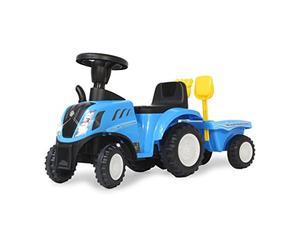 Jamara 460355 - Push-Car New Holland T7 Trattore Blu - Aspetto realistico, Protezione Antiribaltamento, Include Rimorchio con Pala e Rastrello, Clacson, Luci Led, Suoni