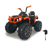 Jamara 460449 - Ride-on Quad Protector arancione 12V - Avviamento con pulsante, Ammortizzatori, Clacson e suoni, Collegamento sorgenti audio esterne, Radio FM, Cruscotto illuminato, Batteria potente