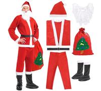 JAMATA 7 Pezzi Costume da Babbo Natale per Uomo Set,Set per Costume Babbo Natale o San Nicola,con Casacca,Pantaloni,Cintura,Cappello,Copristivali,Barba e Borsa di Regalo per Natale,Festa a Tema