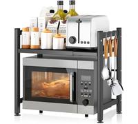JAMATA Supporto per Microonde Allungabile 2 Livelli,Mensola Microonde Regolabile e Salvaspazio Scaffale da Cucina (40,5-60,5cm),Cucina Counter Ripiano Microonde,Supporto Microonde con 6 Ganci