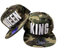 JameStyle26 - Set di cappelli da baseball snapback con scritte ricamate “King” e “Queen”, capelli cult dagli Stati Uniti King & Queen Camou - Set verde Taglia unica