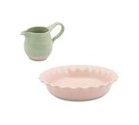 Jamie Oliver Big Love Proper Pie, Set con tortiera rotonda in gres con bordo smerlato, 28 x 28 cm, e brocca verde con smalto lucido, 650 ml, 19 x 11 cm, adatti per microonde, forno e lavastoviglie