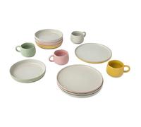 Jamie Oliver Big Love, Servizio da 12 pezzi con 4 piatti rotondi rosa e bianchi (27 x 6 cm), 4 ciotole verdi e bianche (22 x 22 cm), 4 tazze multicolore (375 ml, 13 x 10 cm), adatto per lavastoviglie