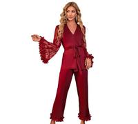 JAMNGHB Elegante pigiama da donna a maniche lunghe, elegante con maniche svasate a forma di cuore, abbigliamento da casa per il tempo libero per una notte accogliente e da viaggio, Porpora, M