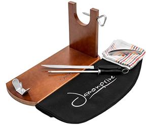 Jamonprive Porta Prosciutto Professionale Laccato + Coltello + Affilacoltelli + Copri Prosciutto + Panno + Pinza - Portaprosciutto Ideale per Jamon Serrano, Iberico e Prosciutto Italiano