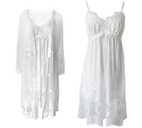Jamron Donna 2 Pezzi retrò Set di Camicia da Notte con Scollo a V e con Cinturino Regolabili e Vestaglia Elegante Abbigliamento da Notte per Sposa Nozze Festa & Loungewear Bianco S