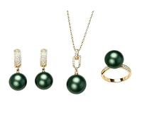 Jamron Donna Set di Gioielli con Perle Artificiali con Confezione Regalo - Collana, Anello e Orecchini SN0703515 Verde