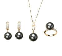 Jamron Donna Set di Gioielli con Perle Artificiali con Confezione Regalo - Collana, Anello e Orecchini SN0703515 Nero