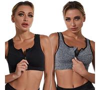 Jamron Donna Taglia Grossa Set di 2 Reggiseni Sportivi Alto Impatto - Cerniera Frontale Reggiseno Senza Ferretto con Imbottito Removibile per Yoga Fitness Jogging Nero + Grigio XXL