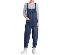 Jamron Donna Taglie Forti Salopette in Denim Stretch Lungo Overall Tuta Intera Jumpsuit Pantaloni Jeans con Pettorina Blu S